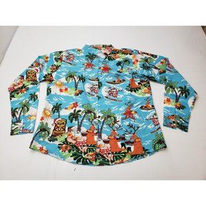 SSLR Womens Shirt Long Sleeve Button Up Collared Surfing Santa Reindeer Size L